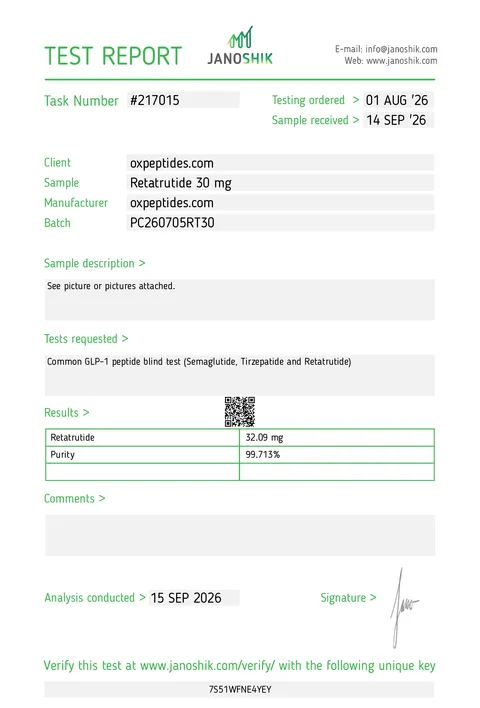 Rapport d’analyse Janoshik n° 217015, Retatrutide 30 mg