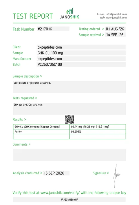Rapport d’analyse Janoshik n° 217016, GHK-Cu 100 mg