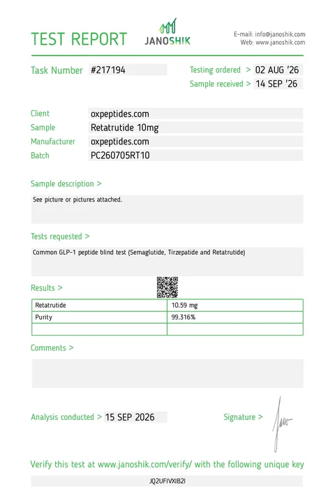 Rapport d’analyse Janoshik n° 217194, Retatrutide 10 mg