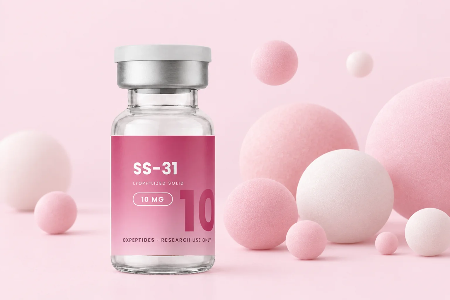 Flacon lyophilisé SS-31 10 mg parmi des sphères rose pastel doux