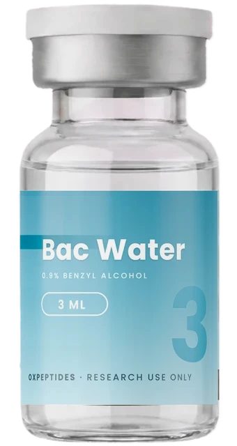 Eau bactériostatique 3 mL — flacon lyophilisé scellé, étiquette Eau bactériostatique